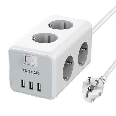Tessan Πολύπριζο 6 Θέσεων με Διακόπτη, 3 USB και Καλώδιο 2m Γκρι 